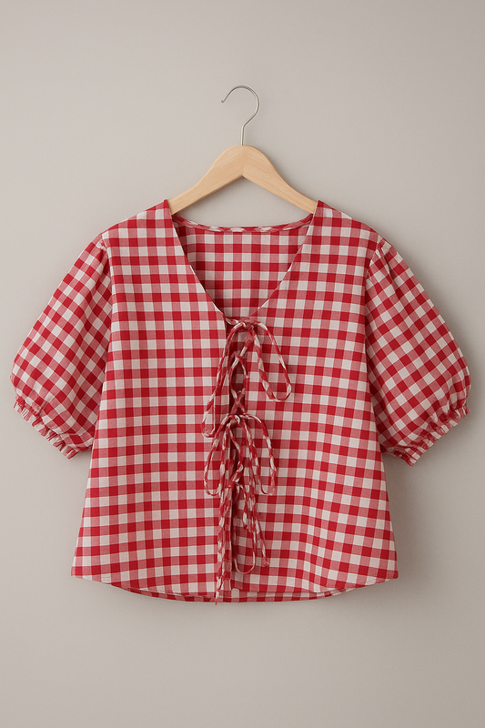 Cherry Gingham Lace-Up Top