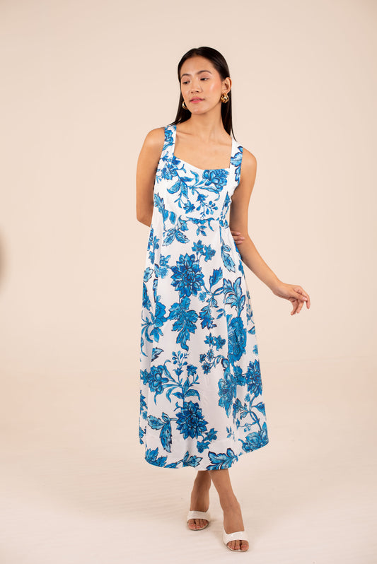 Blue Floral Elegance Panel Midi Dress