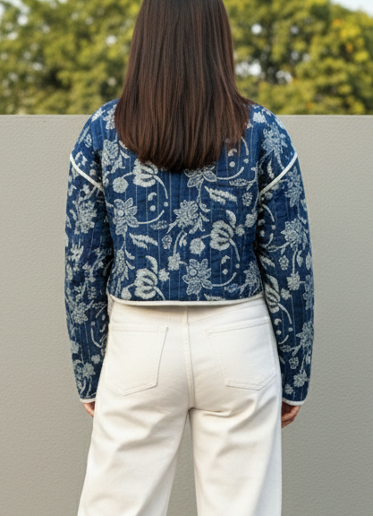 Floral Block printed reversible quilted jacket