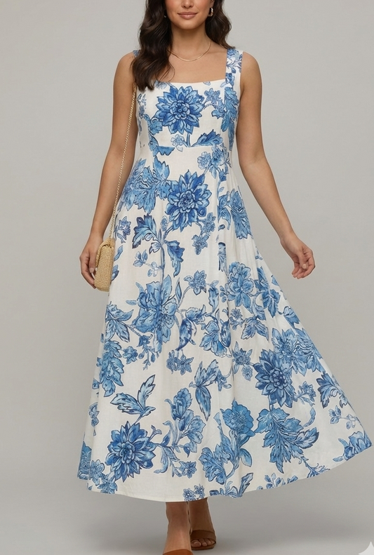 Blue Floral Elegance Panel Midi Dress