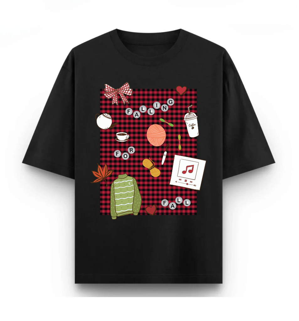 Gingham Fall Mood oversized Black tshirt