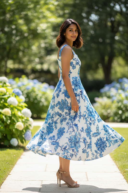 Blue Floral Elegance Panel Midi Dress