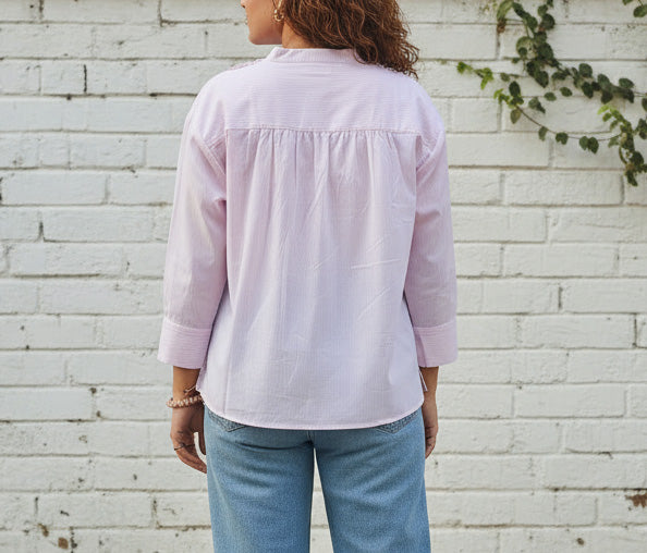 Pink Ruffle Front Cotton Shirt