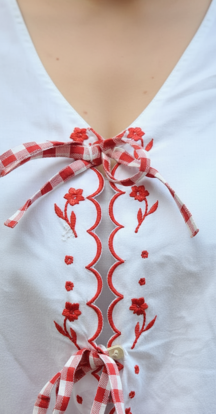 Scarlet embroidered Scallop Tie-Up Top