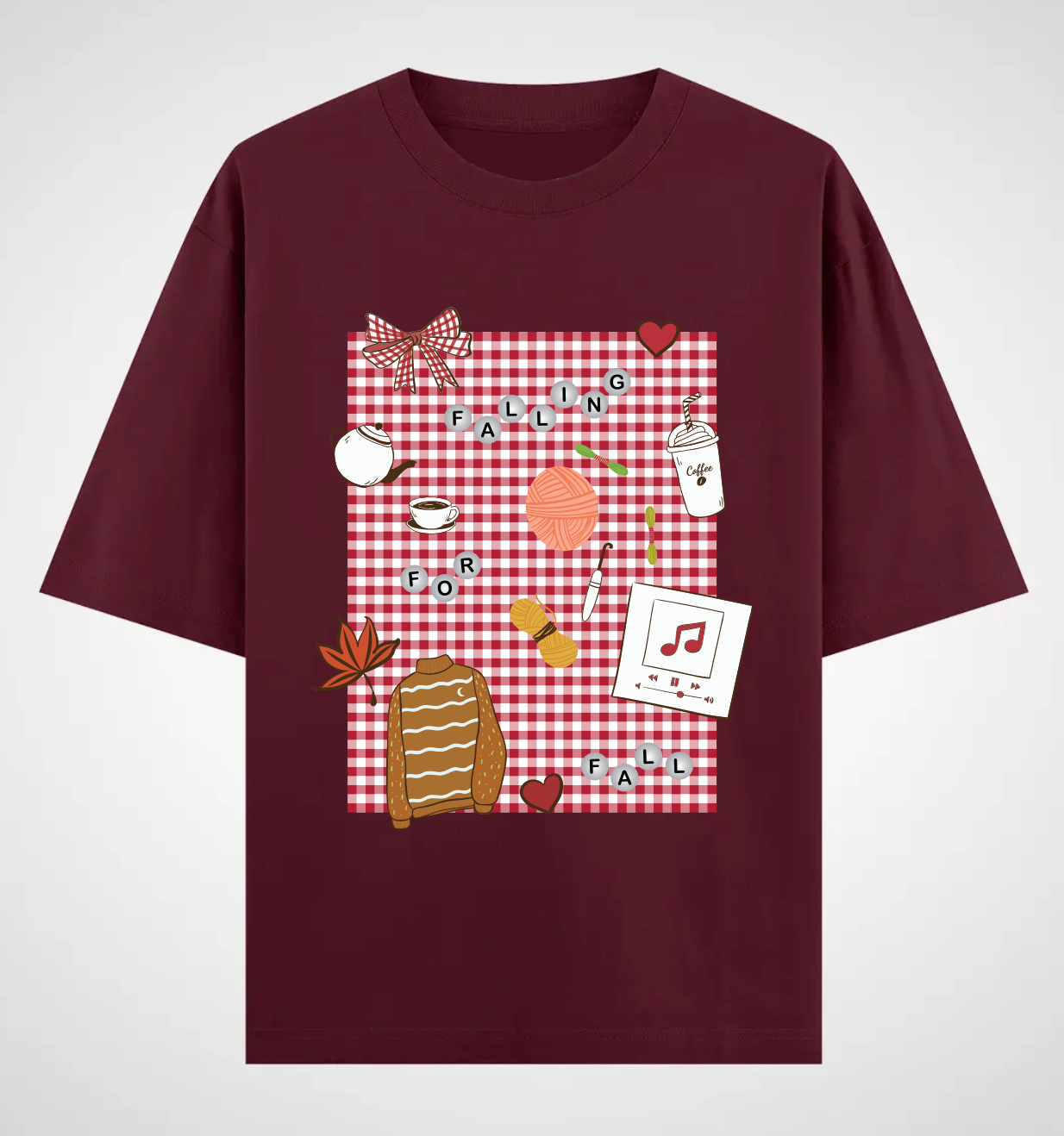 Gingham Fall Mood oversized Maroon tshirt