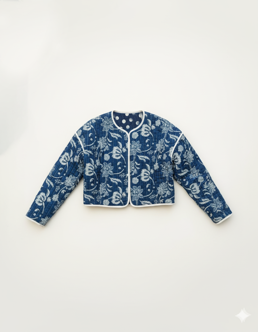 Polka dot Block printed reversible quilted jacket