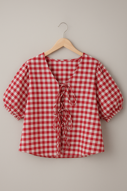 Cherry Gingham Lace-Up Top