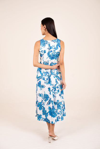Blue Floral Elegance Panel Midi Dress