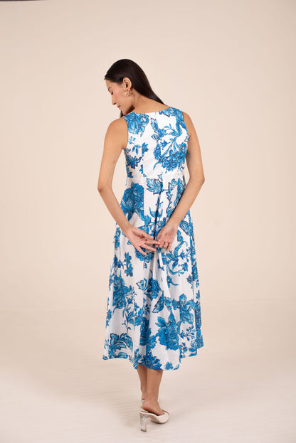 Blue Floral Elegance Panel Midi Dress