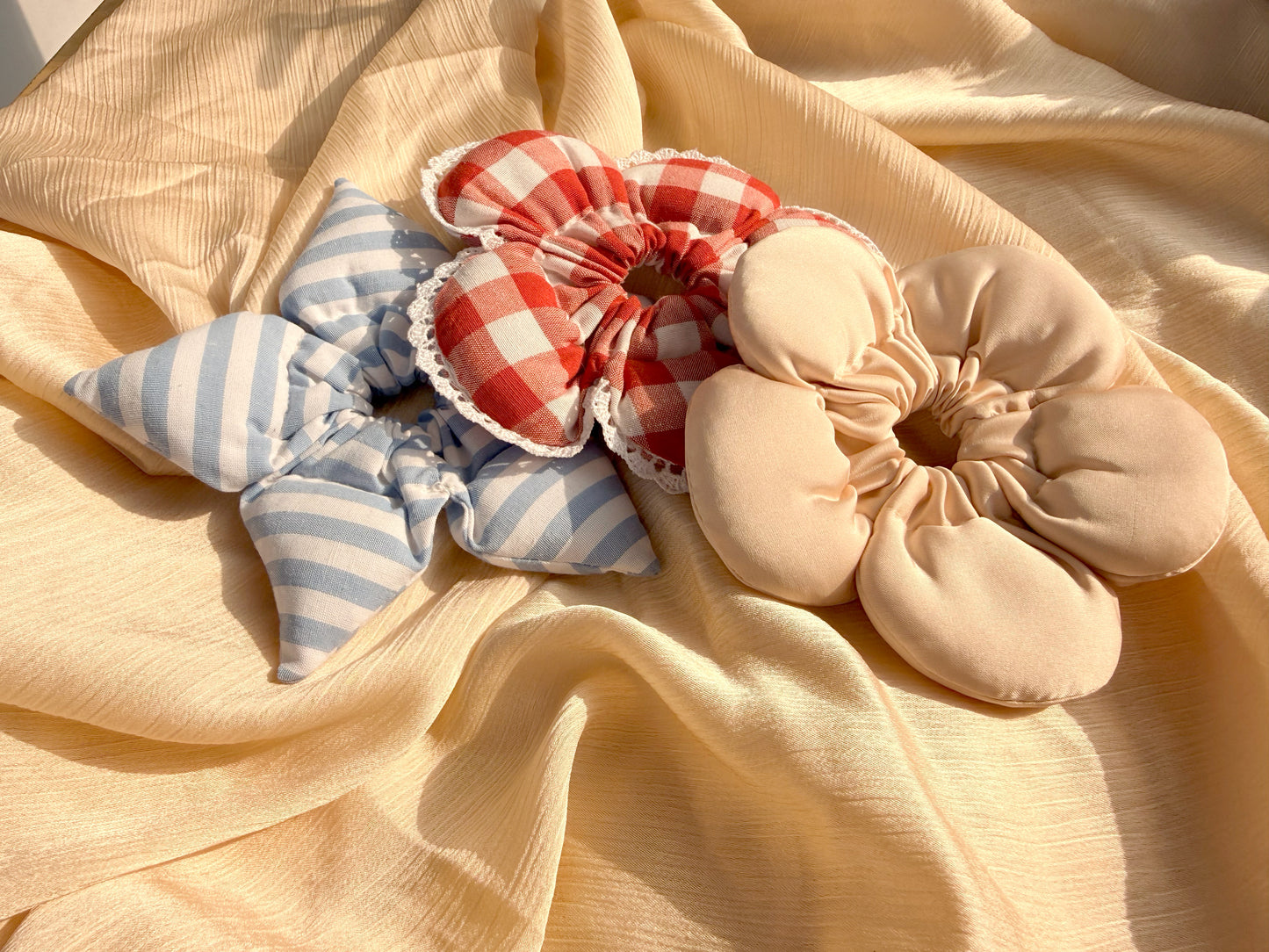 Pack of 3 - Petal puff pink scrunchie - blue stripe, red stripe and beige satin