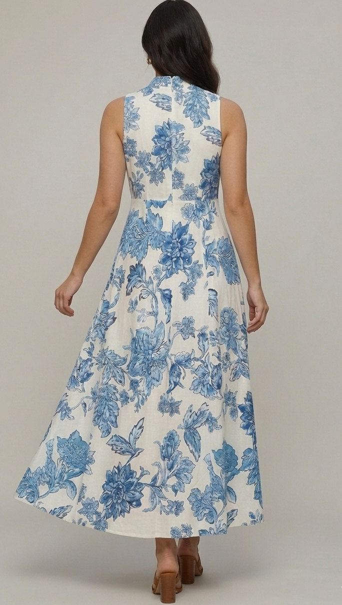 Blue Floral Elegance Panel Midi Dress