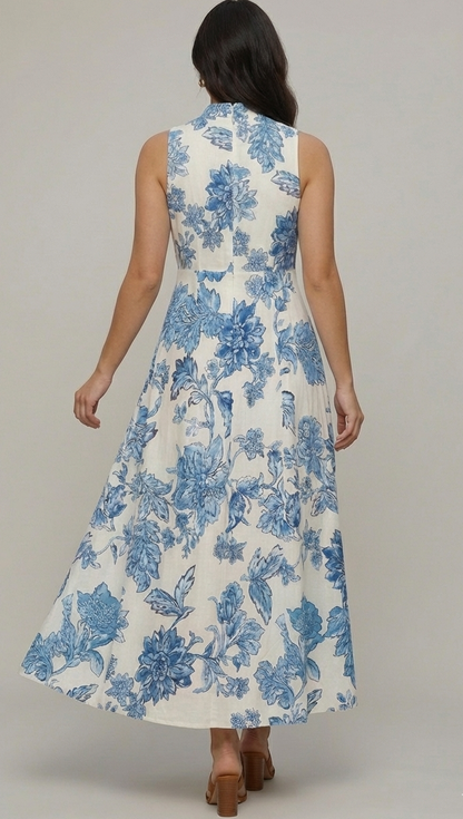 Blue Floral Elegance Panel Midi Dress