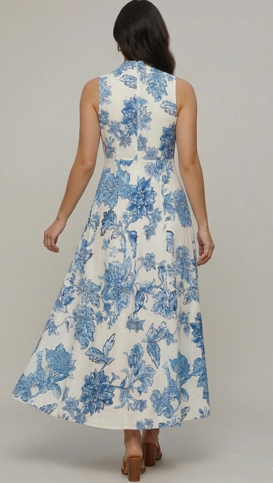 Blue Floral Elegance Panel Midi Dress