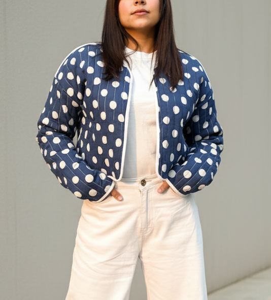 Polka dot Block printed reversible quilted jacket