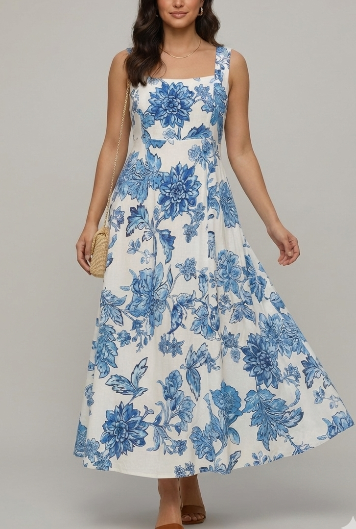 Blue Floral Elegance Panel Midi Dress