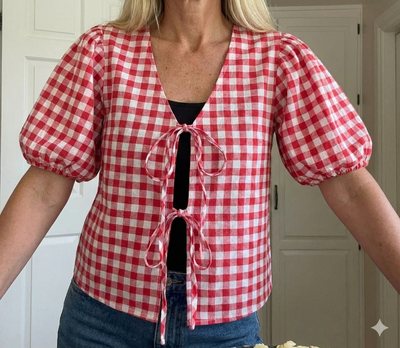 Cherry Gingham Lace-Up Top