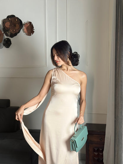 Aura One-Shoulder satin scarf midi dress