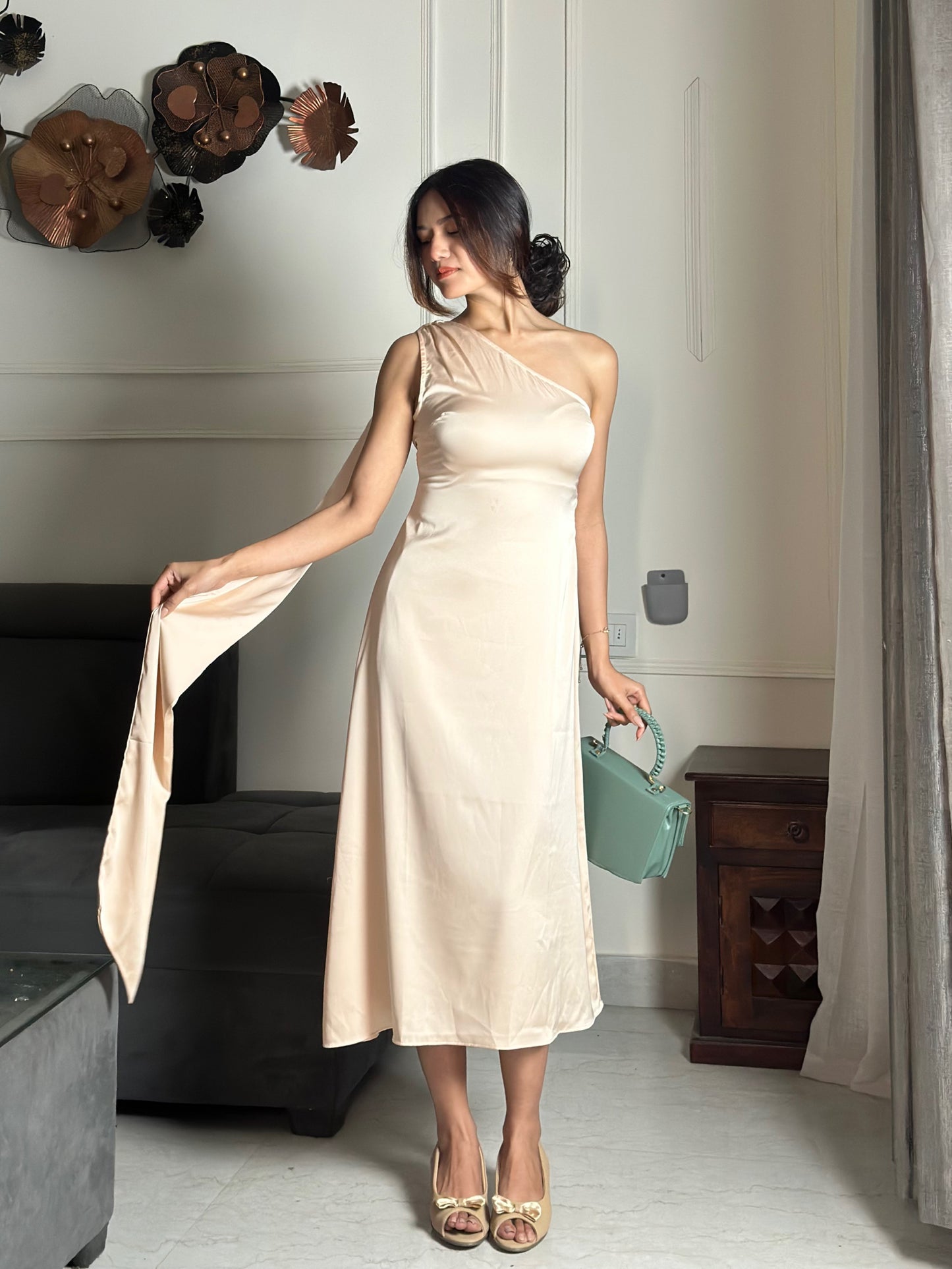 Aura One-Shoulder satin scarf midi dress