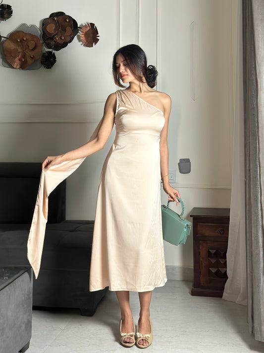 Aura One-Shoulder satin scarf midi dress
