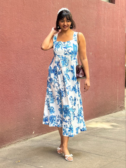 Blue Floral Elegance Panel Midi Dress