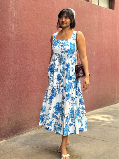 Blue Floral Elegance Panel Midi Dress