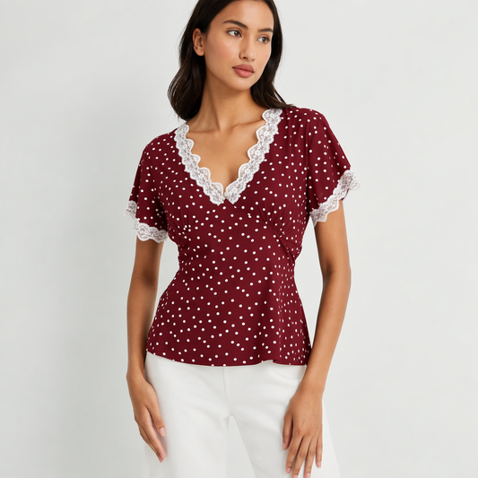 Vintage Burgundy Dot Blouse
