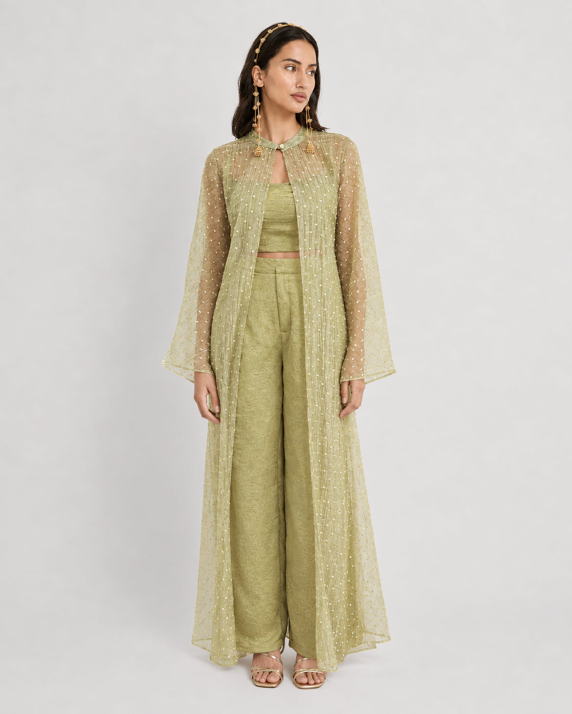 Ira Olive Sheer Open-Front Shrug 3 piece set