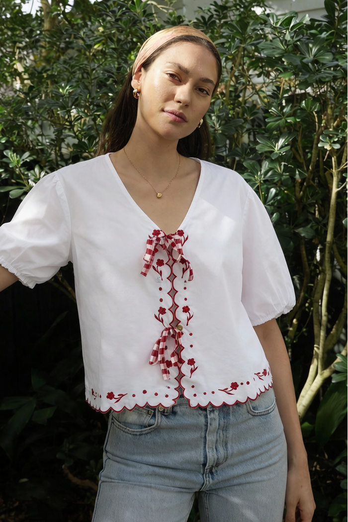 Scarlet embroidered Scallop Tie-Up Top