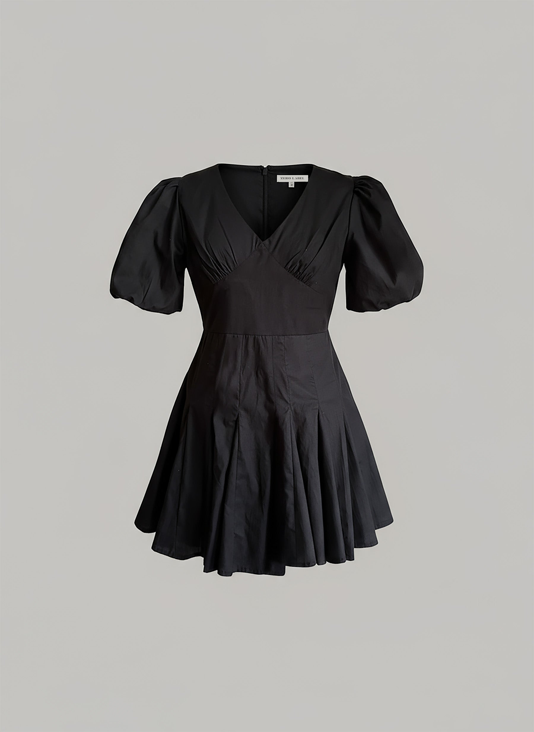 Black V-Neck Puff Sleeve Flare Dress