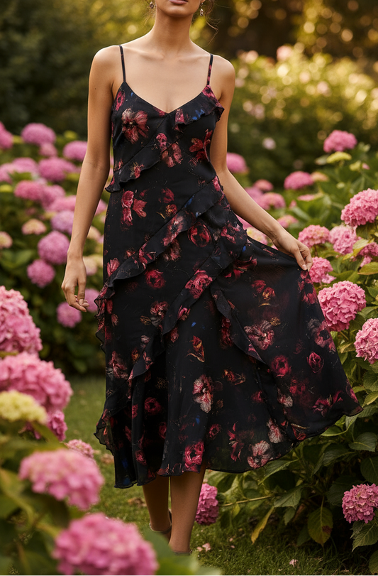 Black Floral Print Ruffle Trim Maxi Dress