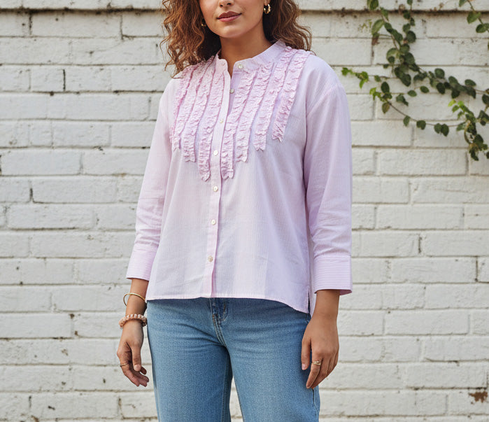 Pink Ruffle Front Cotton Shirt