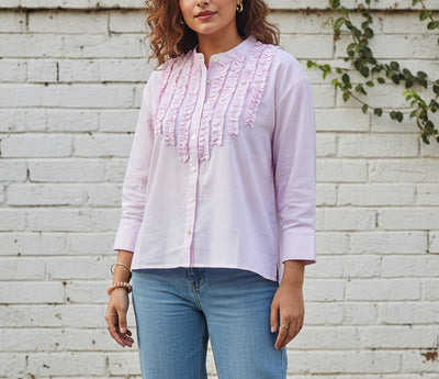 Pink Ruffle Front Cotton Shirt