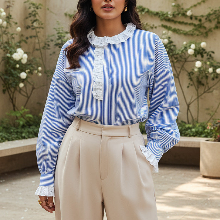 Classic Ruffle Lace Striped Shirt
