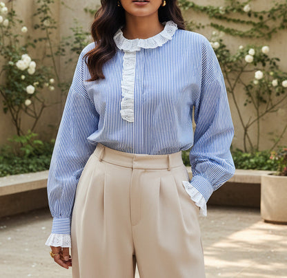 Classic Ruffle Lace Striped Shirt