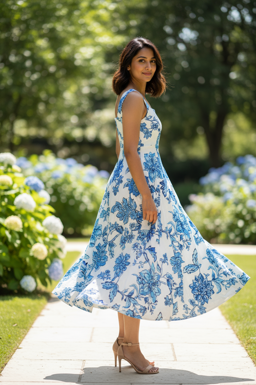 Blue Floral Elegance Panel Midi Dress