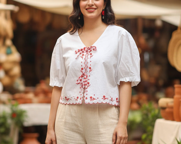 Scarlet embroidered Scallop Tie-Up Top