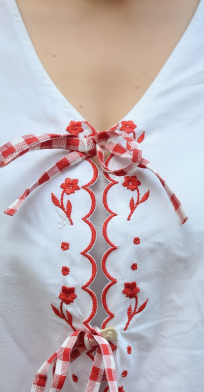 Scarlet embroidered Scallop Tie-Up Top