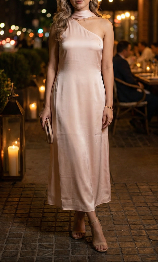 Aura One-Shoulder satin scarf midi dress