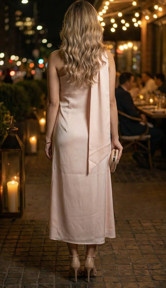 Aura One-Shoulder satin scarf midi dress