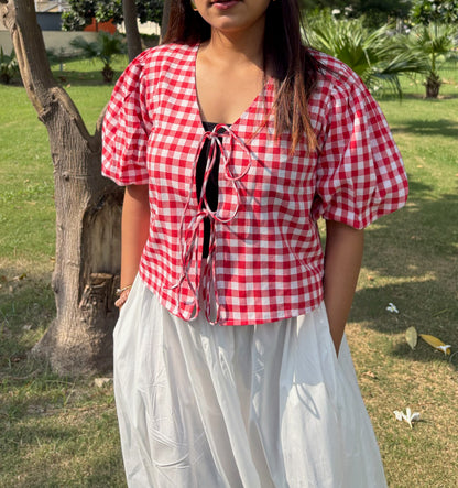 Cherry Gingham Lace-Up Top