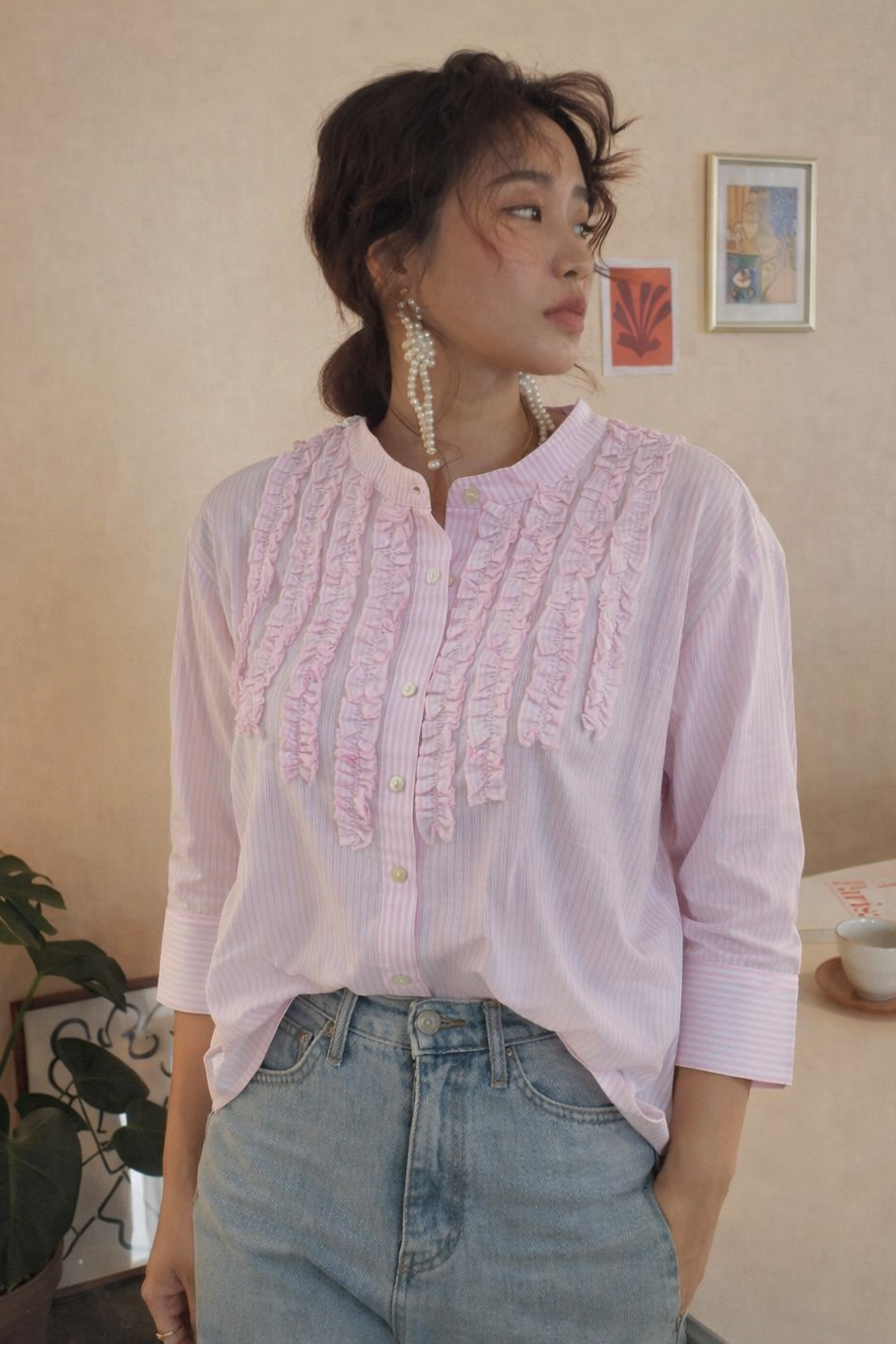 Fornt Ruffle Shirt Pink Ruffle Front Cotton Shirt