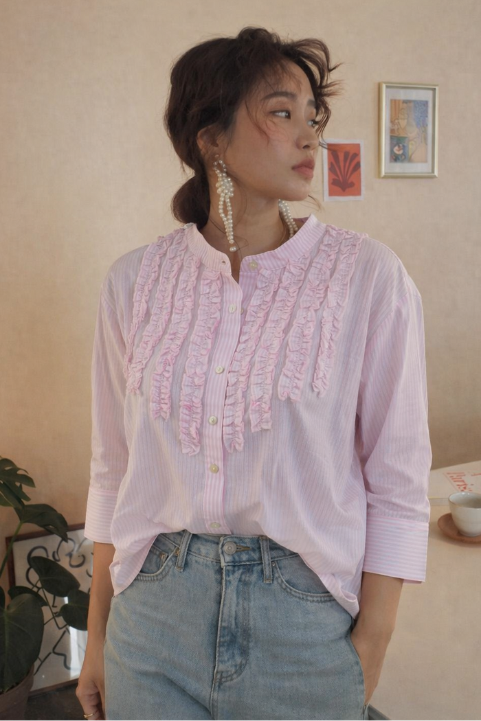 Pink Ruffle Front Cotton Shirt