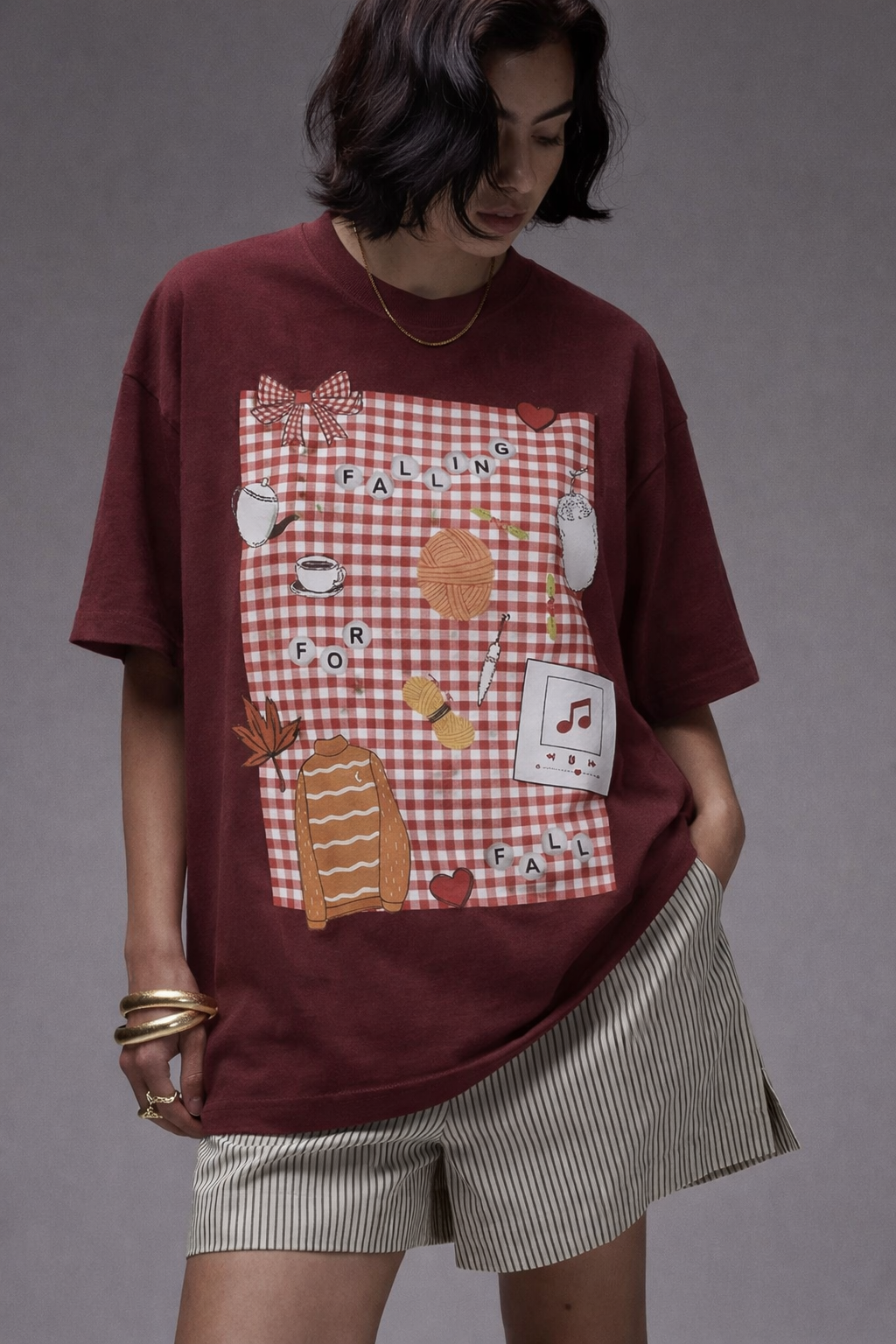 Gingham Fall Mood oversized Maroon tshirt