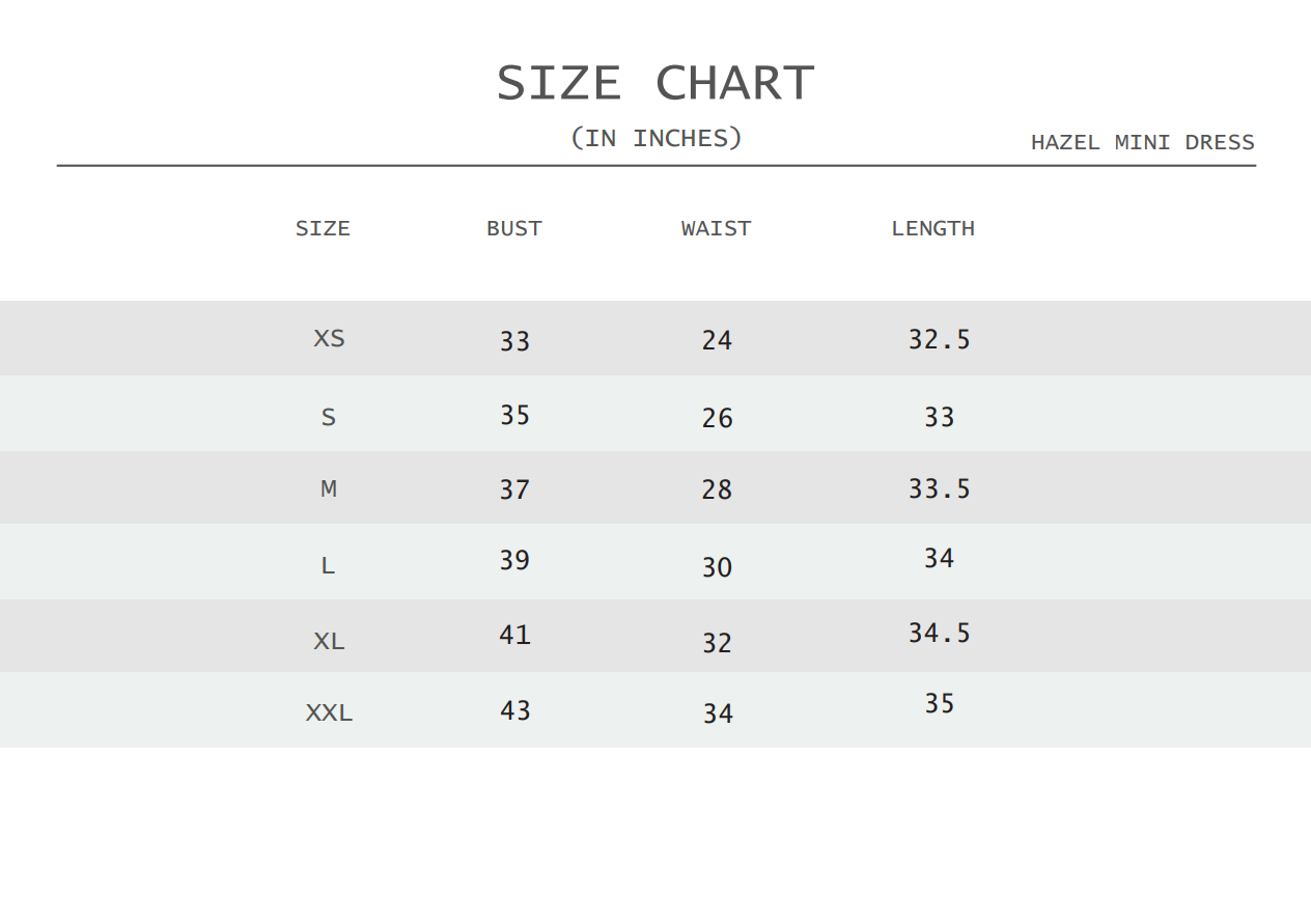Blue bell mini dress size chart