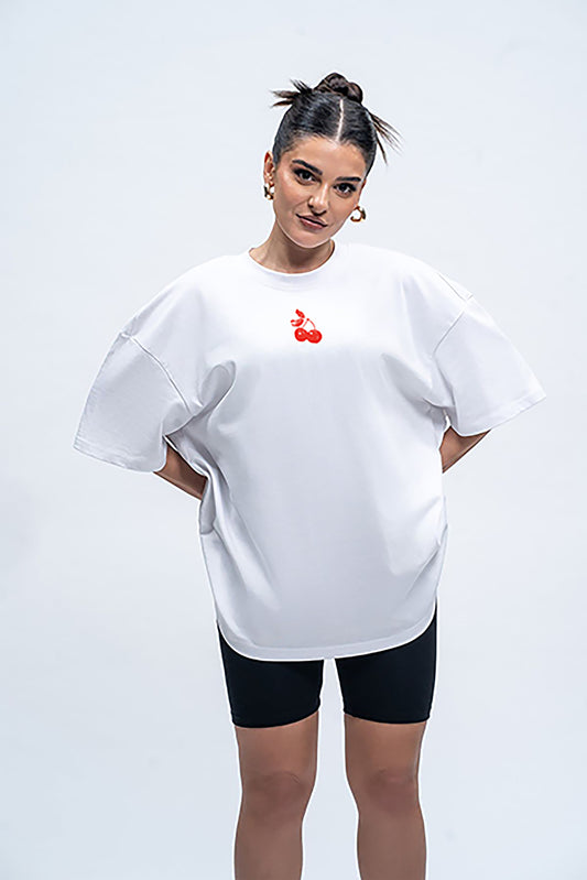 Red Pop Cherry oversized white tshirt