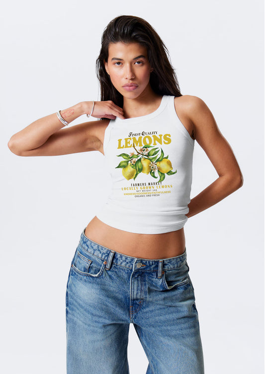 Sleeveless Lemon lagoon graphic white tank top