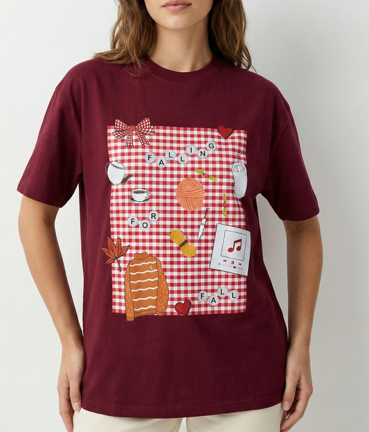Gingham Fall Mood oversized Maroon tshirt