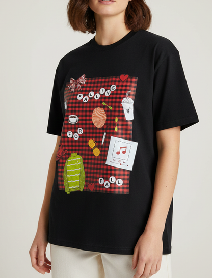 Gingham Fall Mood oversized Black tshirt
