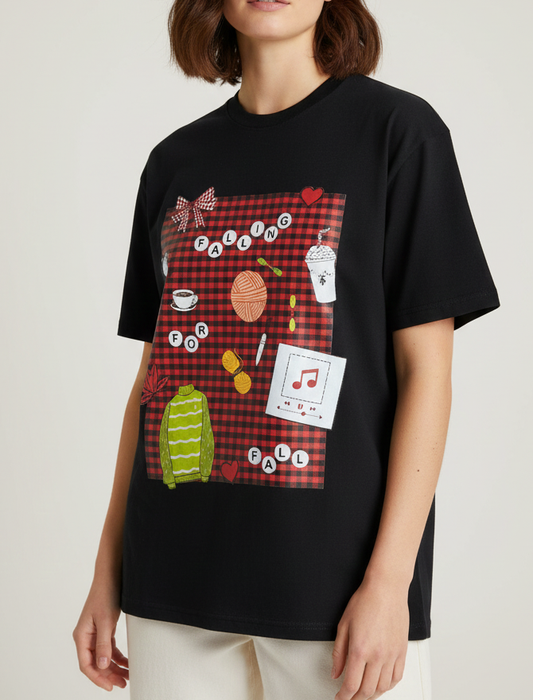 Gingham Fall Mood oversized Black tshirt