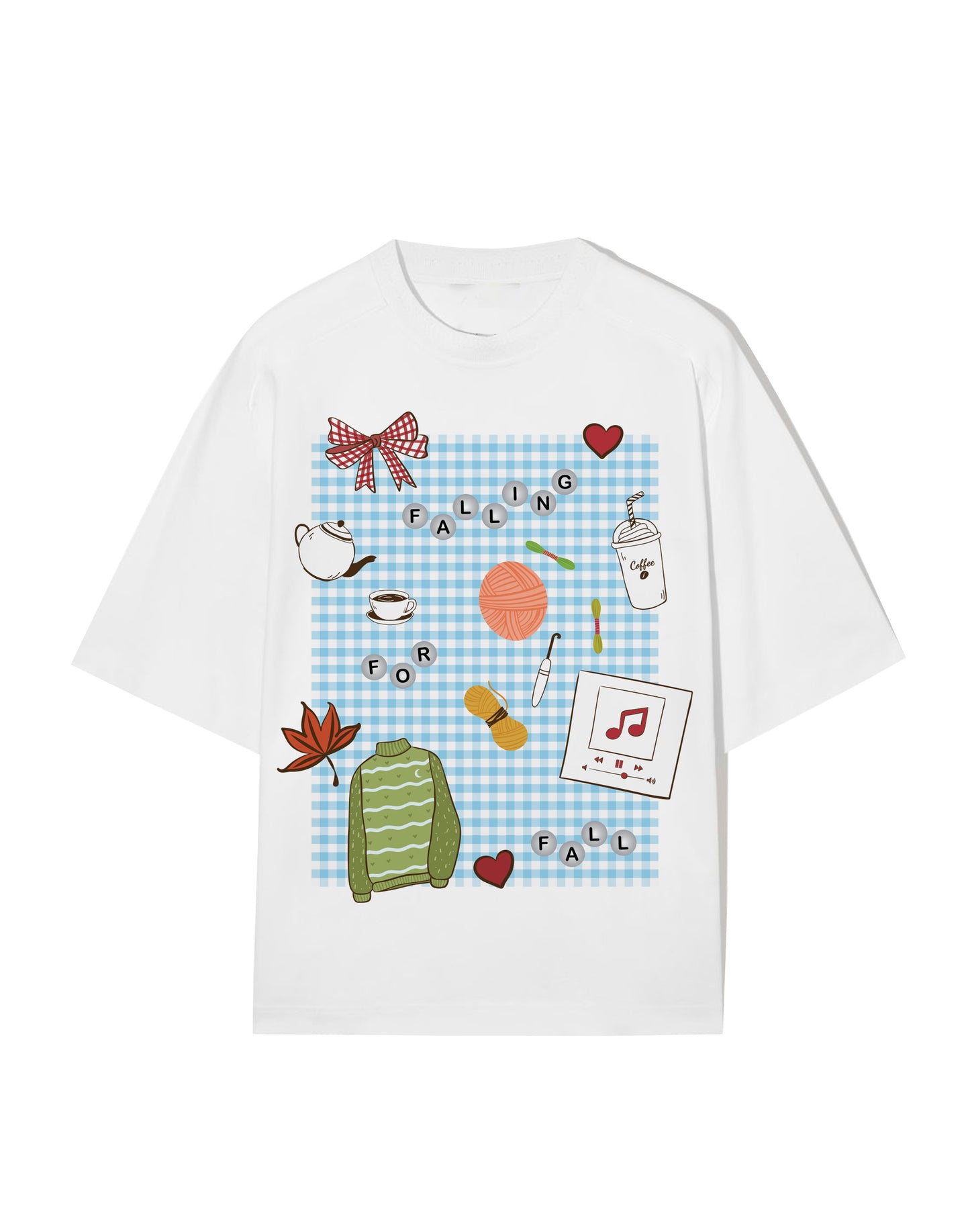 Gingham Fall Mood oversized white tshirt